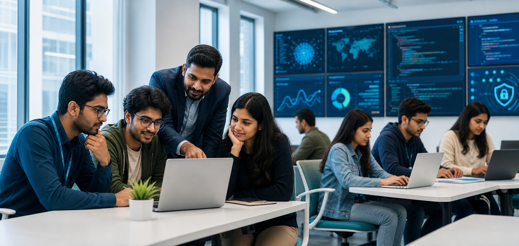 Learners and mentor in a technology training lab